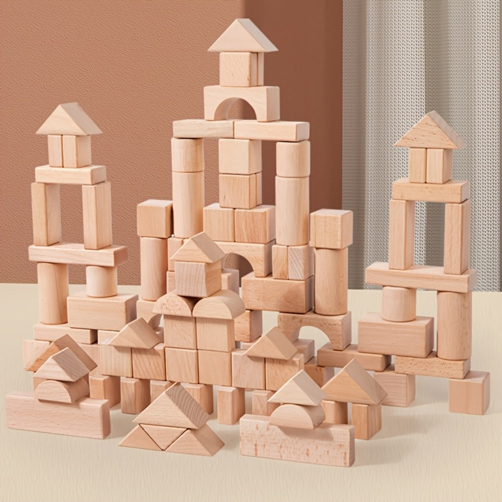 100-Piece Unpainted Beech Wood Building Blocks for Stacking and Sorting