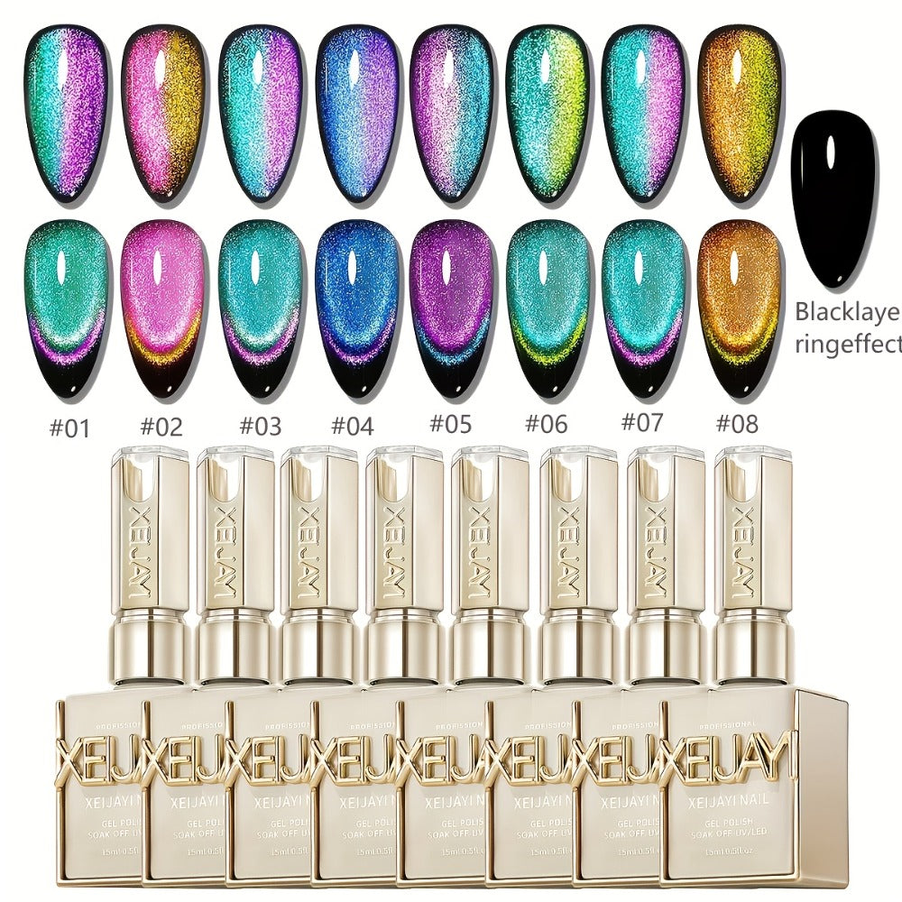 Magnetic Cat Eye Gel Nail Polish Set 8 Colors – Holographic Reflective Peacock Double-Light Effect, LED/UV Soak-Off Gel 0.51oz with Magnet Tool, Salon & Home Nail Art Gift Set for Women