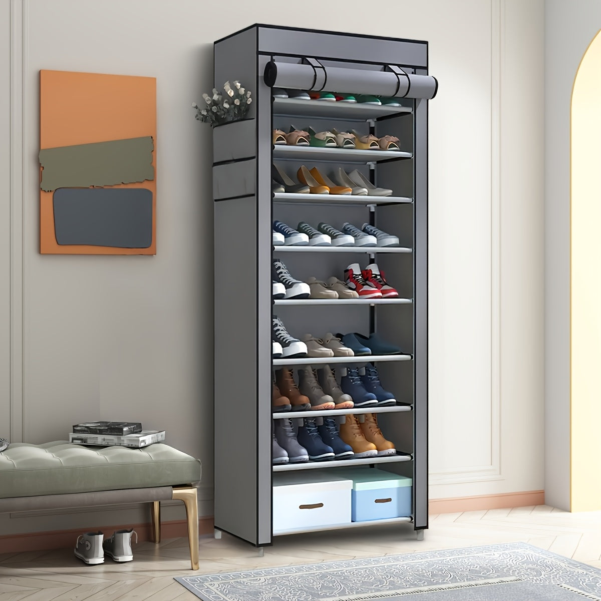Shoe Cabinet shown in the (Single Door Roller Shutter) 9-layer Gray option