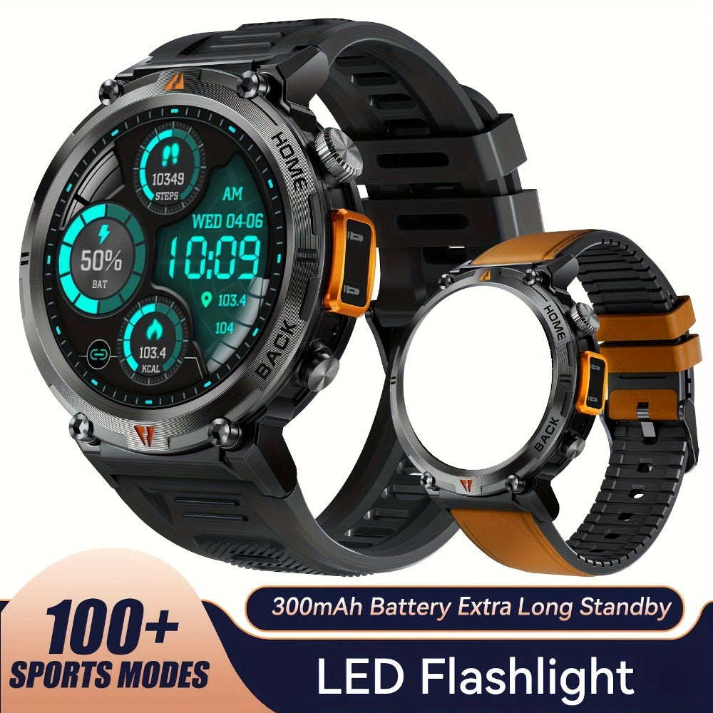 Tactical Smartwatch for Men LED Lighting 1.45 Inch 97% Screen Ratio Bluetooth 5.2 Wireless Calling Outdoor Fitness Tracker Heart Rate Blood Oxygen Sleep Pedometer iPhone Android Silicone Leather Strap Black Orange