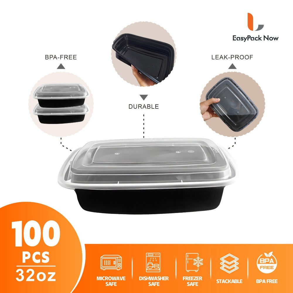 Meal Prep Containers 32oz 100 Pack – Black Stackable Leakproof Food Storage Set (50 Containers + 50 Lids), BPA-Free, Microwave & Dishwasher Safe, for Food Truck, Catering, Office Lunch & Takeout