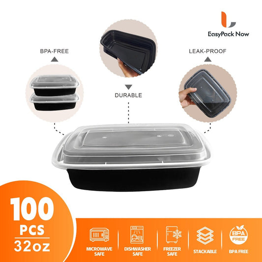 Meal Prep Containers with Lids, 32 oz Black Set of 50 Containers and 50 Lids