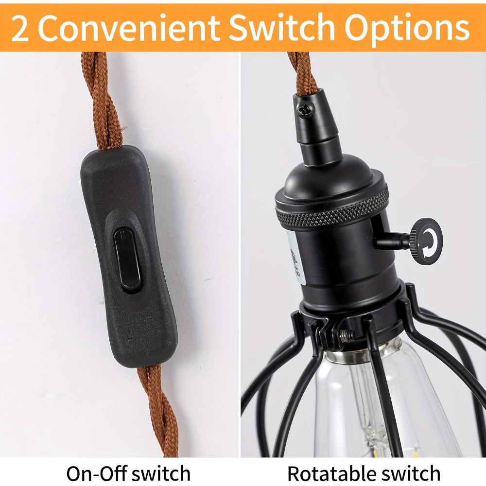 Plug In Wall Sconces Set of 2 or 1 – Rustic Farmhouse Wall Lamp with Metal Cage & Wooden Bracket, Plug-Into-Outlet Hanging Light for Bedroom, Living Room & Headboard
