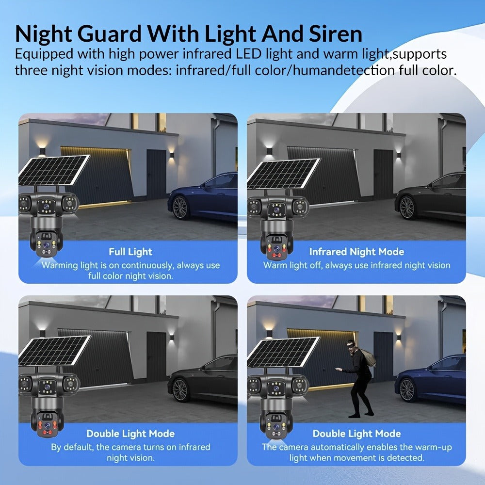 4K Solar Powered Outdoor Security Camera PTZ 360° Triple Lens Panoramic 10X Zoom 8000mAh Battery WiFi AI Human Detection Color Night Vision Two-Way Audio Driveway Farm