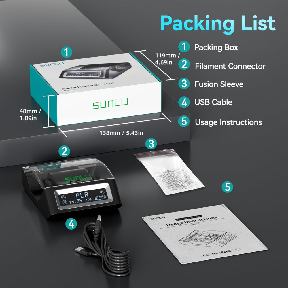 Filament Welder 1.75mm Touch Screen Up to 240°C – SUNLU 3D Filament Connector PLA ABS PETG PCL PA PC Compatible | 200pcs PTFE Sleeves Included USB Powered Portable Filament Joiner Splicer Tool