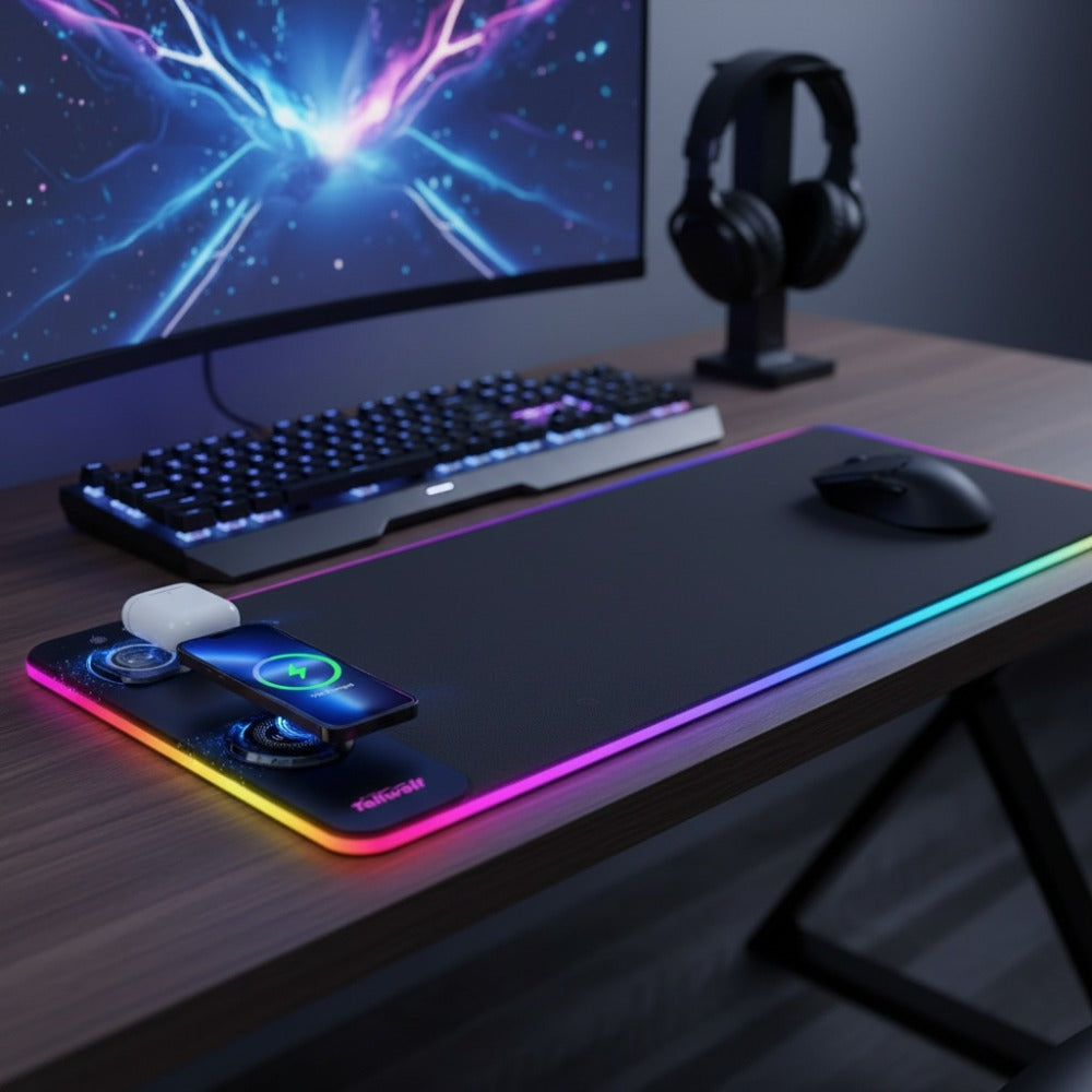 3-in-1 Wireless Charging Mouse Pad RGB – 15W Qi Charger for Phone, Watch & Mouse, 10 LED Modes, Magnetic Rechargeable Mouse Included, 800×300mm Extended Gaming Desk Mat