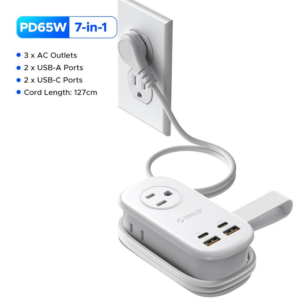 GaN 65W Portable Power Strip Fast Charging - 3 AC Outlets, 2 USB-C & 2 USB-A Ports, Flat Plug, 50-inch Cable, Compact Travel Charging Station for Laptop Tablet Phone Home Office Studio