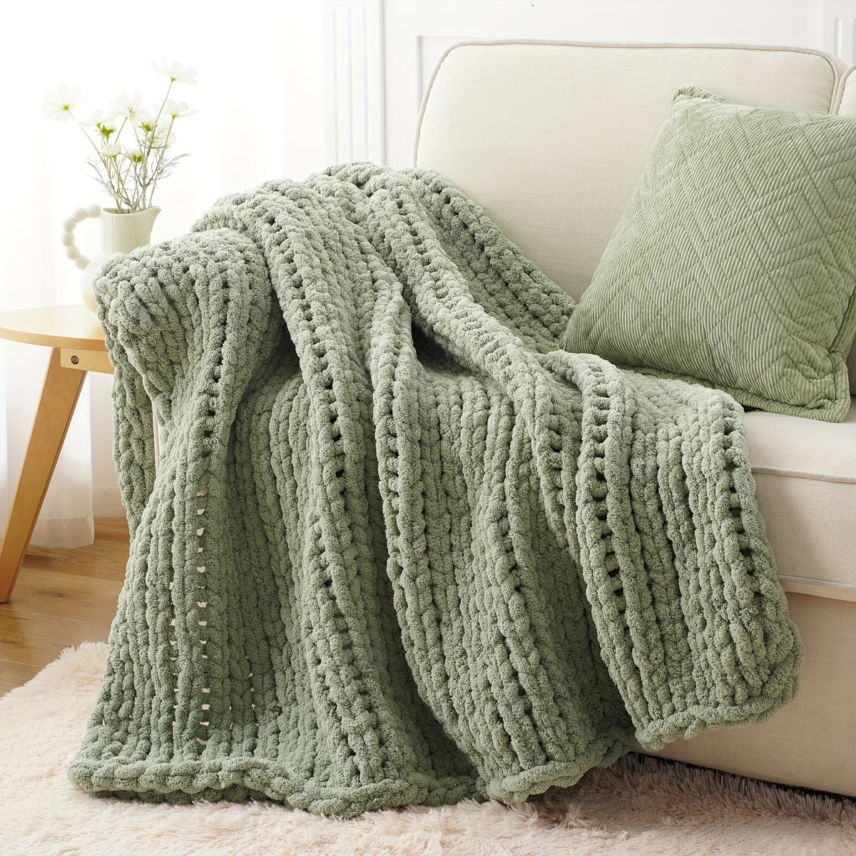 Chunky Chenille Cable Knit Throw Blanket – 350-400gsm Soft Warm Crochet Throw for Sofa, Bed & Couch, Vintage Patchwork, 14 Colors