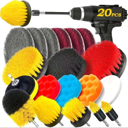 Drill Brush Attachment Set, 20-Piece with Scrub Pads, Polishing Pads & Extension Rod