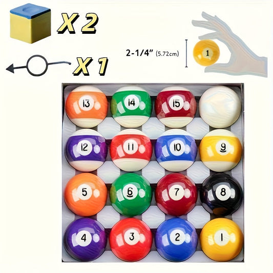 Billiard Ball Set, 16 Pool Balls with Aiming Guide and 2 Chalks, 2-1/4 Inch