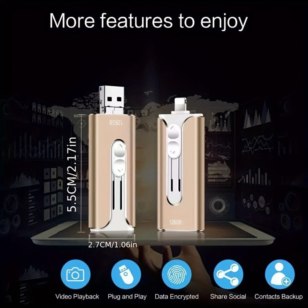 4-in-1 iPhone Flash Drive USB 3.0 OTG Photo Stick 128GB 256GB, Lightning USB-C USB-A iPad Connector Memory Stick with Backup Function Compatible with iPhone iPad Android Laptop & PC – Gold Pink Silver Blue
