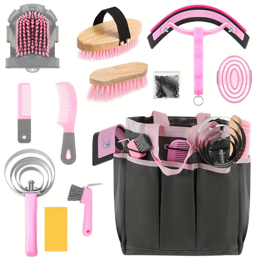 Equine Grooming Brush Set 12-Piece with Organizer Tote Bag – Complete Horse Care Kit with Shedding Brush, Detangler, Hoof Pick & Massage Tools | For Curly & Smooth Horses, Pink & Grey Tack Supplies