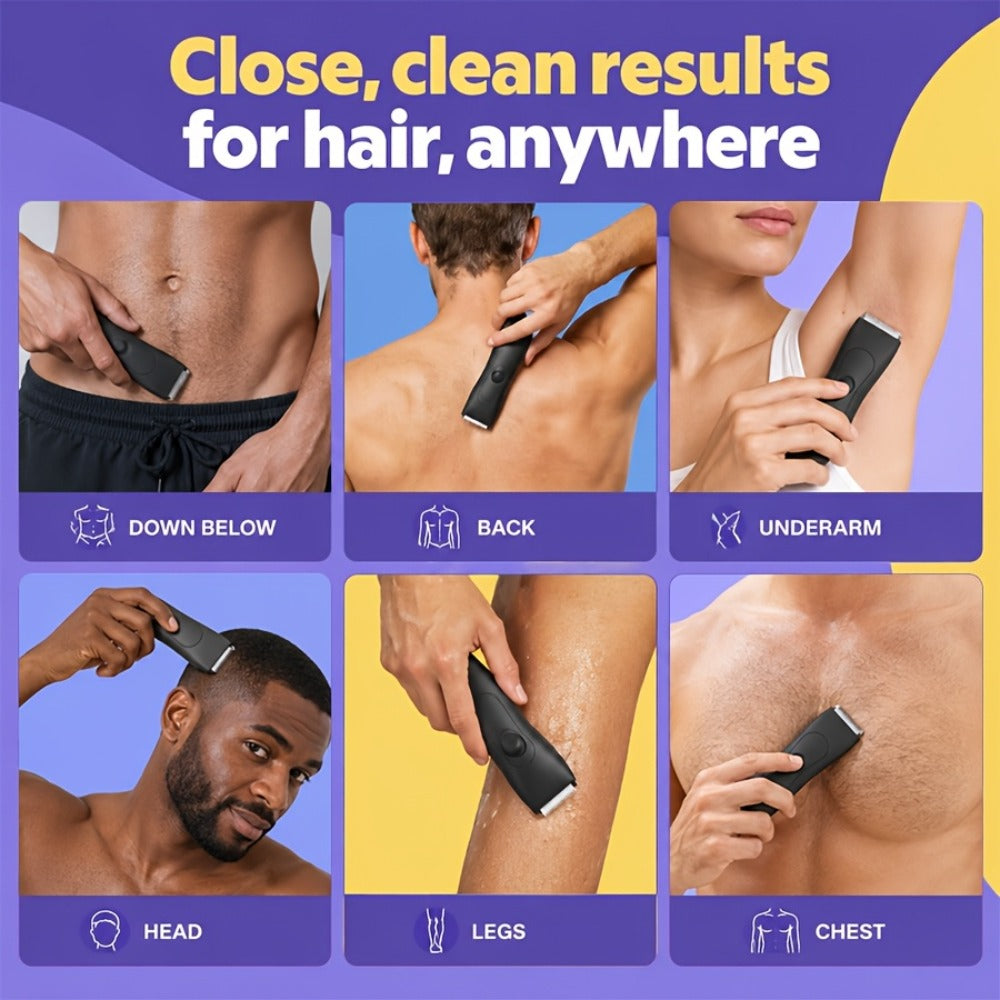 Waterproof Body Hair Trimmer for Men IPX6 Electric Groomer Replaceable Ceramic Blade - Full Body Manscaping Chest Groin Underarm Back Hair Shaver Wet Dry Black Purple Gift