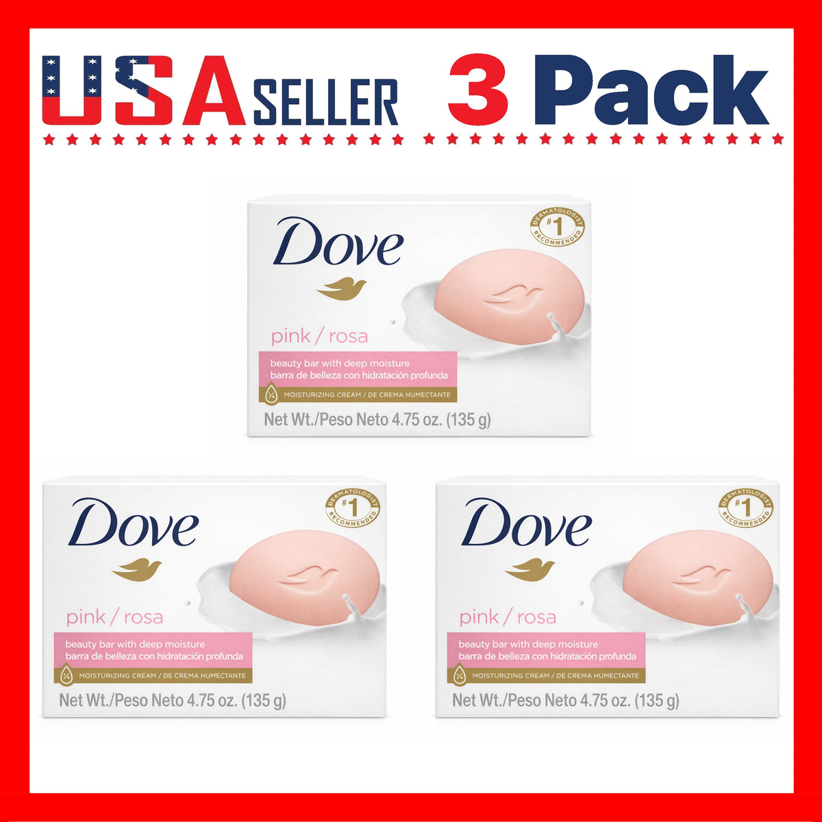 Pink Rosa Moisturizing Beauty Bar Soap 3-Pack 135g Each — 3-in-1 Face Body Hand Cleanser, Deep Hydration Creamy Lather, Gentle Daily Wash for All Skin Types Women & Family