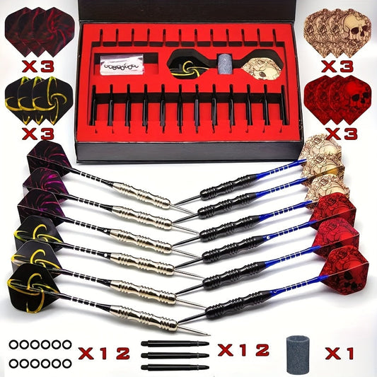 Steel Tip Darts Gift Set with Aluminum Alloy Shafts and Skull Flights, 6 or 12 Bodies