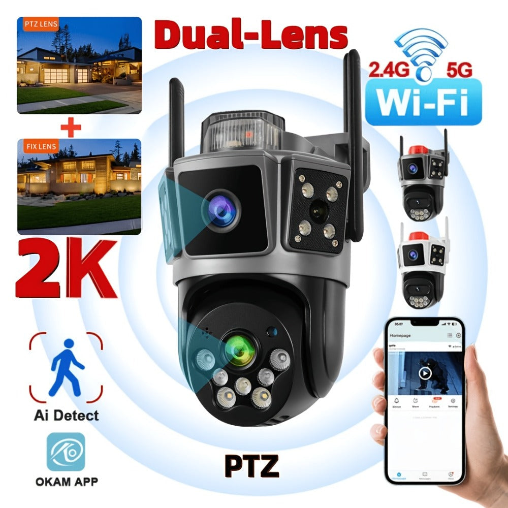 Dual Lens 3-Scene Security Camera WiFi Outdoor Indoor 355° Pan Tilt with Color Night Vision, AI Motion Sensor Alarm, Remote Monitoring, Cloud Storage & SD Card Up to 256GB – Wire-Free Home Surveillance