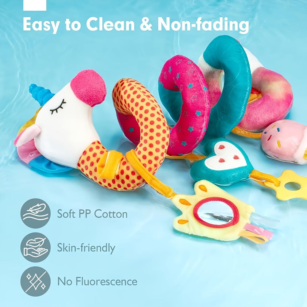 Baby Car Seat Toys 0-6 Months – Unicorn Rattle Mirror Crinkle Squeaky Stroller Toy Set for Infant Girls, Developmental Sensory Toys for Newborn 3-6 Months, Baby Girl Gift