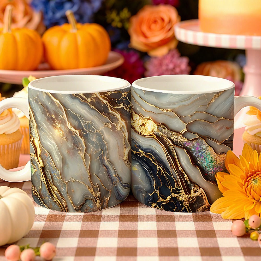 Agate Golden Vein Coffee Mug 11 Oz – Luxury Marble Pattern Ceramic Cup for Home & Office – Elegant Gift for Birthday, Mother's Day & Christmas – Black, White & Pink