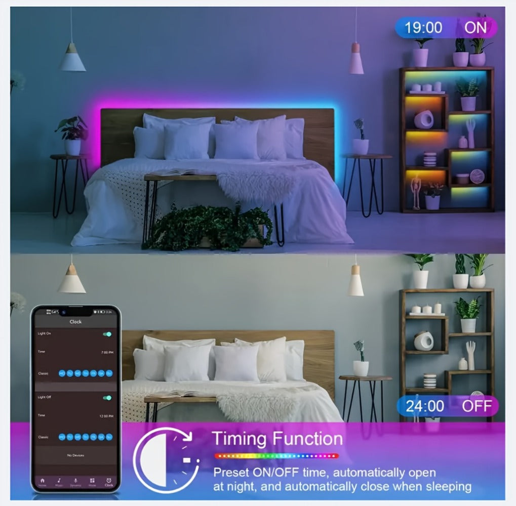 RGB LED Strip Lights Music Sync Color Changing – App & 24-Key Remote Control Dimmable Timer Adhesive LED Light Strip for Bedroom Dorm Ceiling TV Holiday Decor – 6.56FT to 260FT