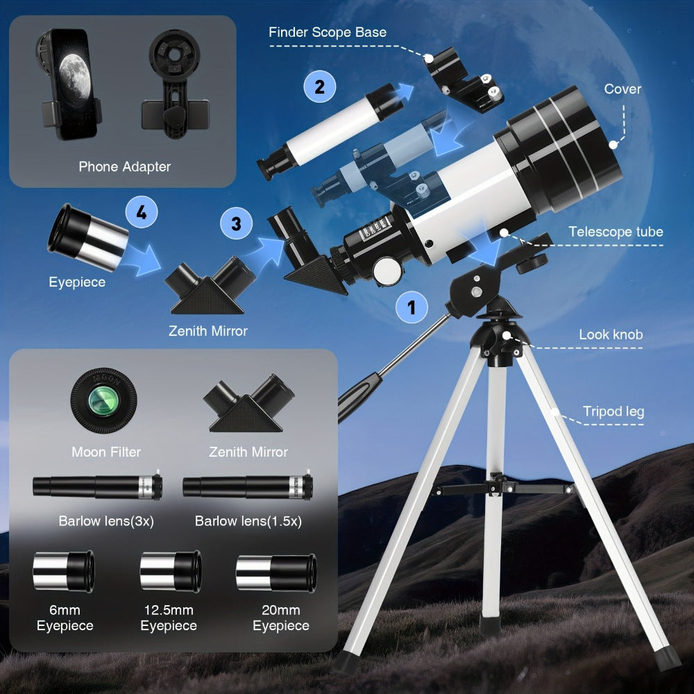 150X Telescope 70mm Aperture for Adults High Power Portable Monocular with Tripod Phone Holder Eyepiece Barlow Lens for Stargazing Nature Viewing Bird Watching Education Gift