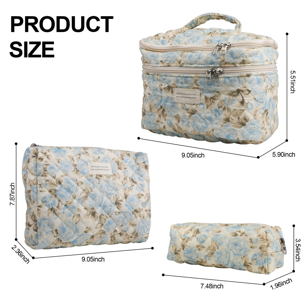Quilted Floral Makeup Bag Set 3PCS Large Capacity Dual Layer Cotton Cosmetic Bags Coquette Aesthetic Travel Toiletry Organizer Gift for Women Girls Blue Rose Pink