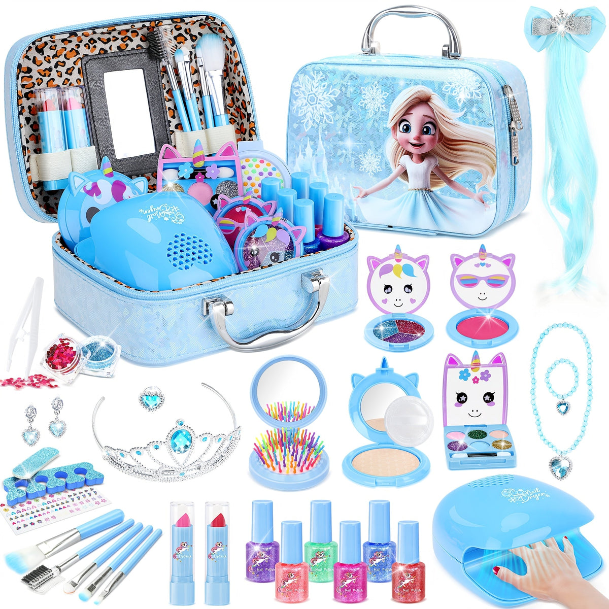 Kids Makeup Set for Girls – 2-in-1 Princess Makeup & Nail Art Kit with Mini Dryer & Accessories