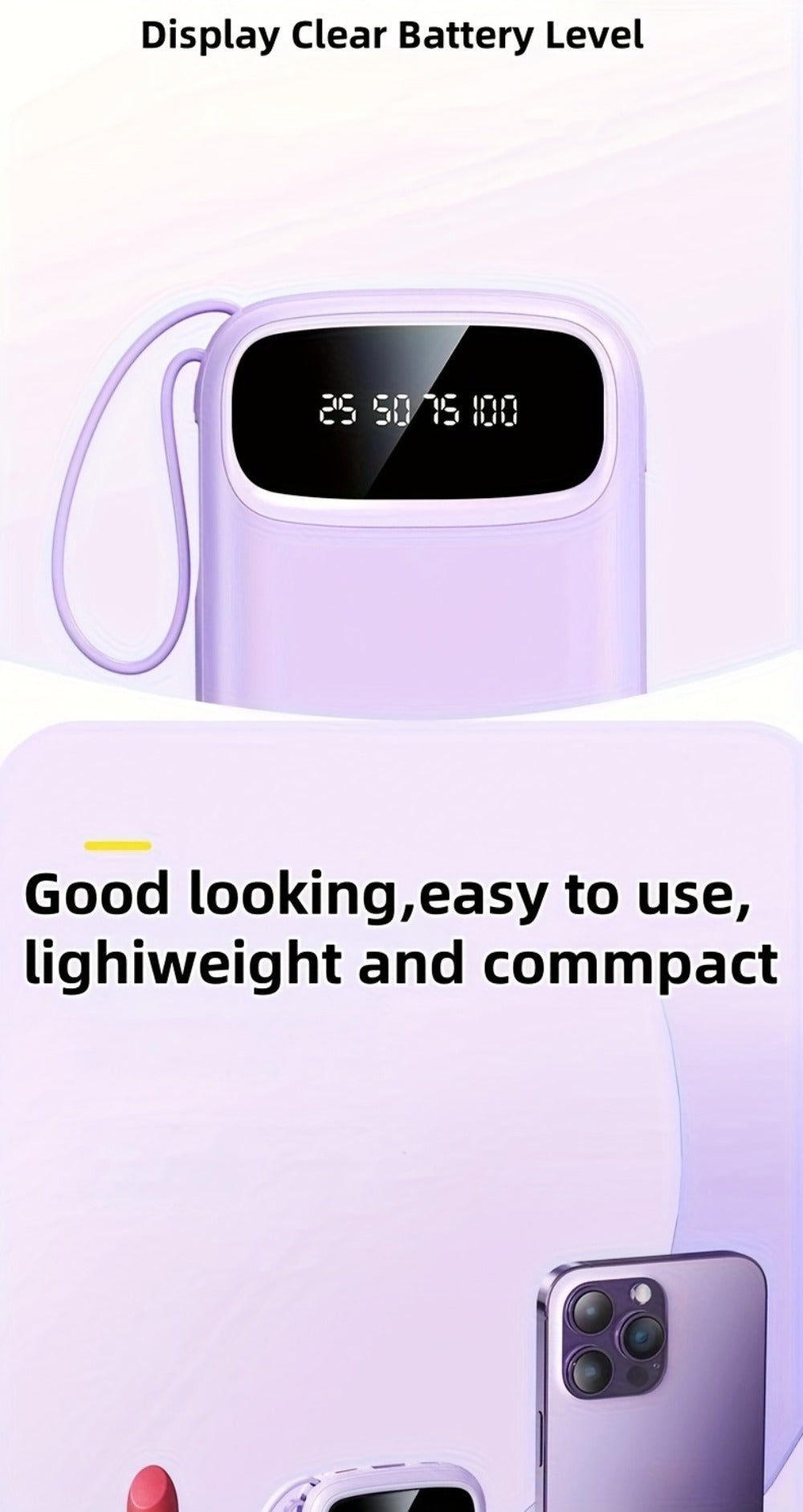Portable Charger 10000mAh with Built-In 3 Cables Lightning USB-C Micro-USB 22.5W Super Fast Charging Cute Cartoon Mini Power Bank for iPhone Android Travel Backup Battery – Purple Black Red White