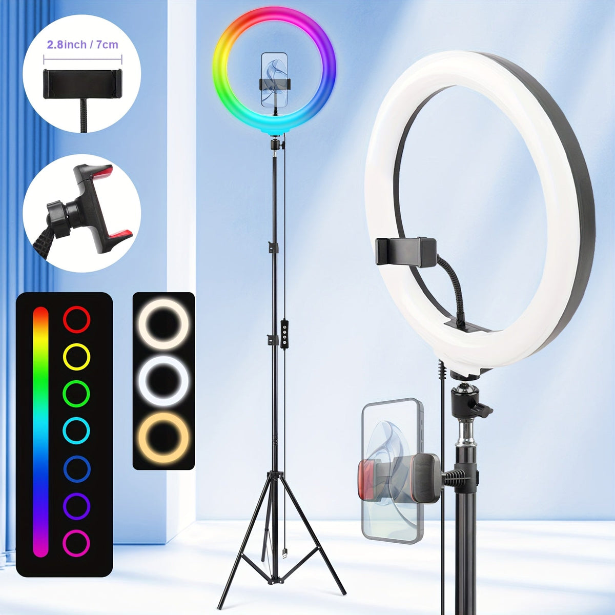 RGB Ring Light 12 Inch Dimmable with 63 Inch Adjustable Tripod USB Powered Phone Stand Gimbal Clamp for Makeup Live Streaming Selfie Photography TikTok YouTube Portable