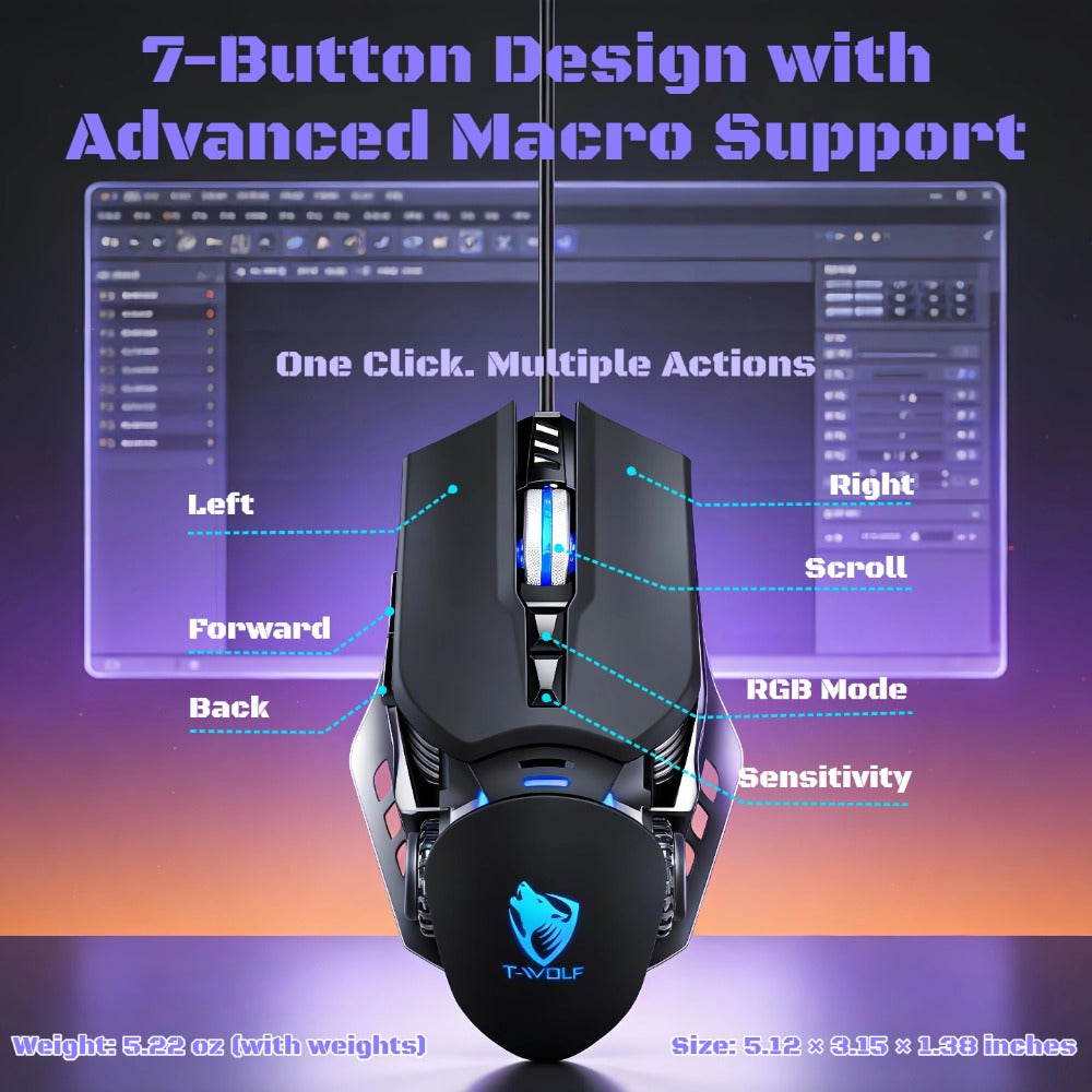 Programmable RGB Gaming Mouse Wired Ergonomic Pro-Grade with Turbo Click Multi-Mode DPI Sensitivity Dynamic RGB Lighting Forward Back Buttons USB Plug & Play for PC Laptop Mac Multiple Models
