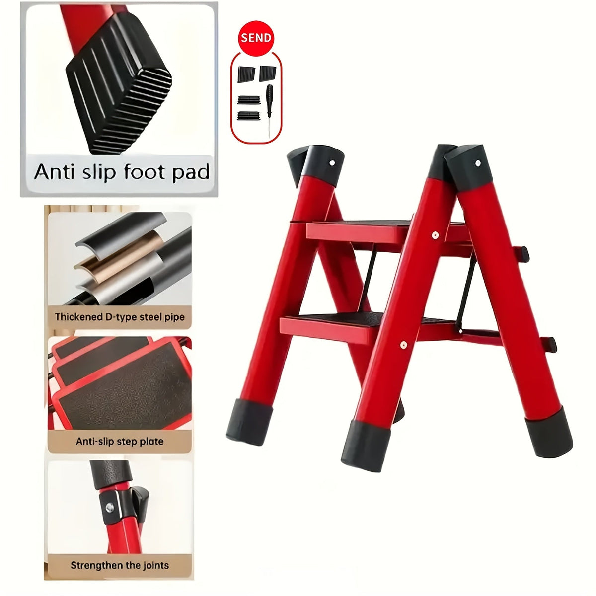 Folding Step Ladder with Anti-Slip Pedals & Handrail – 2/3/4/5 Step Stool for Adults, Sturdy Steel, Lightweight Portable, Non-Slip Feet, Rust-Resistant, Foldable for Home Kitchen Office Bedroom Use