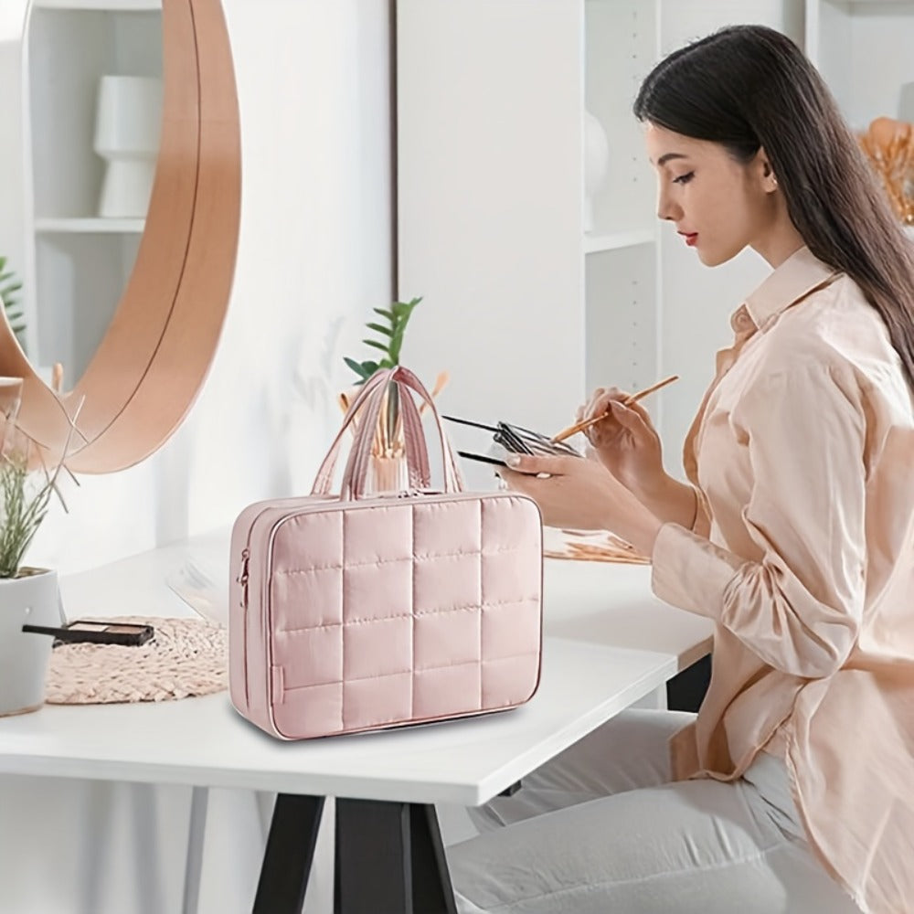 Hanging Travel Toiletry Bag Large Capacity for Full-Size Products Waterproof Cosmetic Organizer with Hook — Bathroom Makeup Travel Bag for Women Pink Beige Black