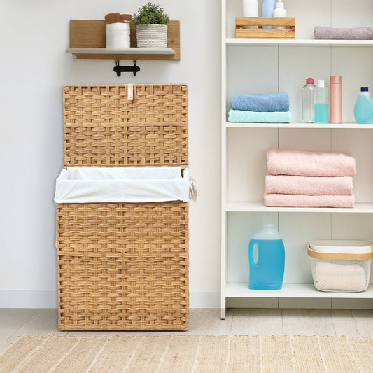 Woven Rattan Laundry Hamper with Lid, Removable Liner and Collapsible Design