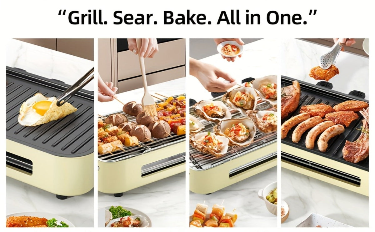 Electric BBQ Grill Indoor – 1500W Smokeless Tabletop Grill with Removable Frying Pan, Waffle Maker & Non-Stick Stainless Steel Plates, Adjustable Temperature, Perfect Christmas Housewarming Gift