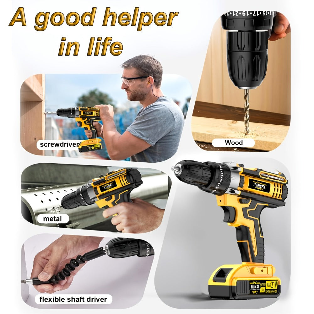 Cordless Impact Drill Set 21V – Electric Power Drill with 2.0Ah Battery, Fast Charger, Screwdriver Bits, Work Light, Variable Speed & Torque Control for Home & Car Repair, Men's Gift