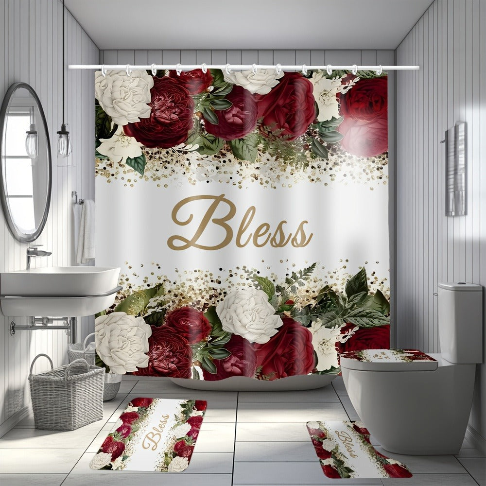Rose Print Shower Curtain 4-Piece Bathroom Set – Toilet Lid Cover Mat Machine Washable with 12 Hooks Elegant Floral Decor