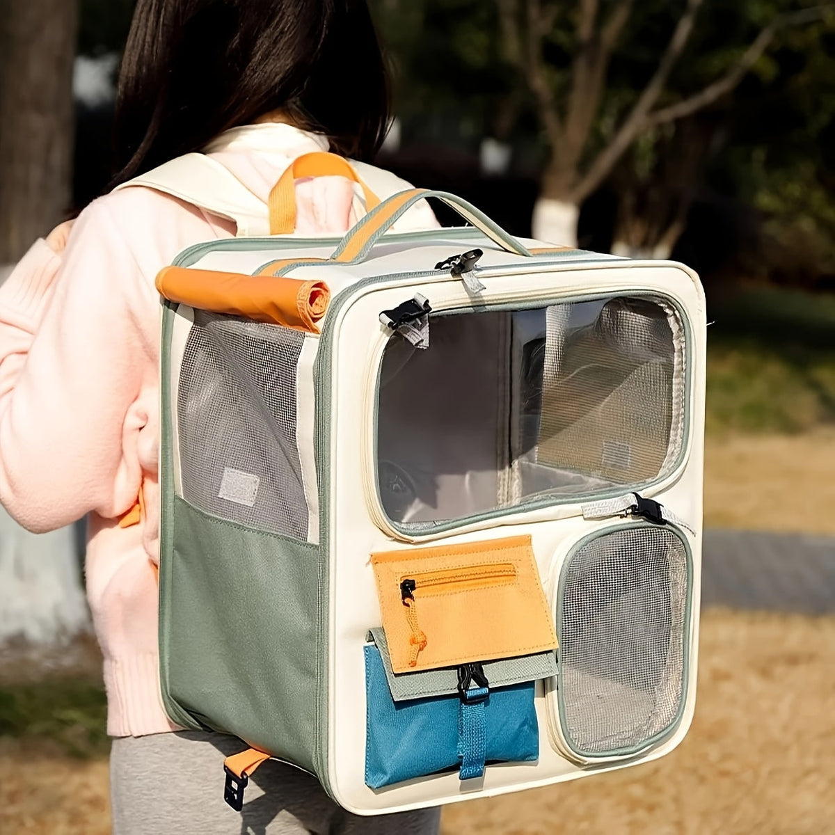 3-in-1 Pet Trolley Backpack & Shoulder Bag | Large Capacity Portable Cat Dog Travel Luggage Case with Telescopic Handle, Outdoor Multi-Function Carrier for Small Medium Pets, Brown & Green