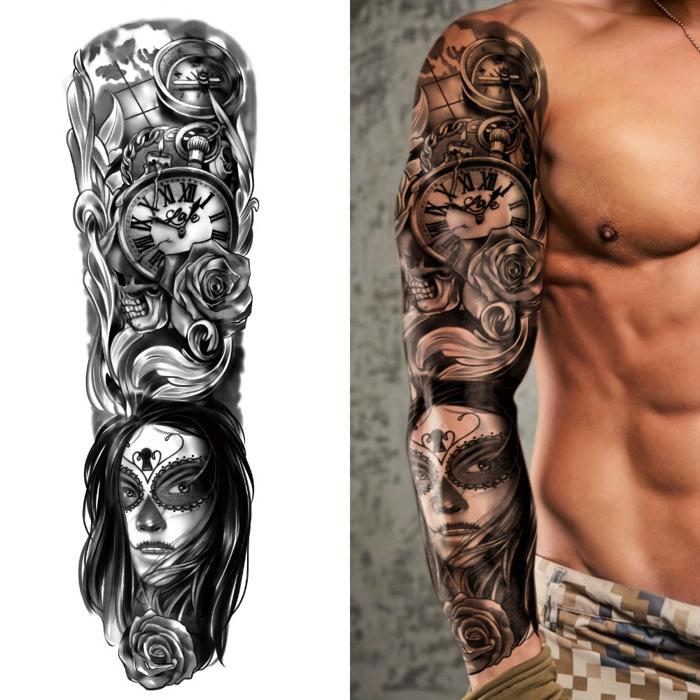 Full Arm Temporary Tattoo Stickers 8 Large Sheets Waterproof Long Lasting Black Realistic Koi Dragon Lion Floral Geometric Designs for Men Women Street Punk Festival Body Art