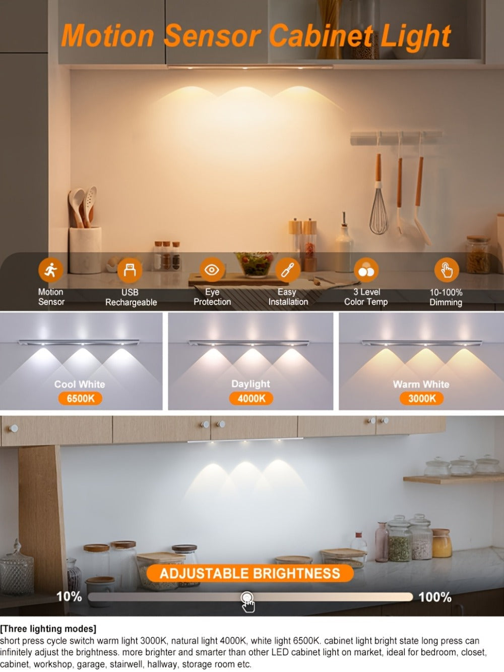 Motion Sensor LED Strip Light USB Rechargeable – 3-Color Dimmable Wireless Night Light for Kitchen, Wardrobe, Cabinet, Shoe Cabinet & Bedroom (20cm / 30cm / 40cm / 50cm, 1 or 2 Pack)