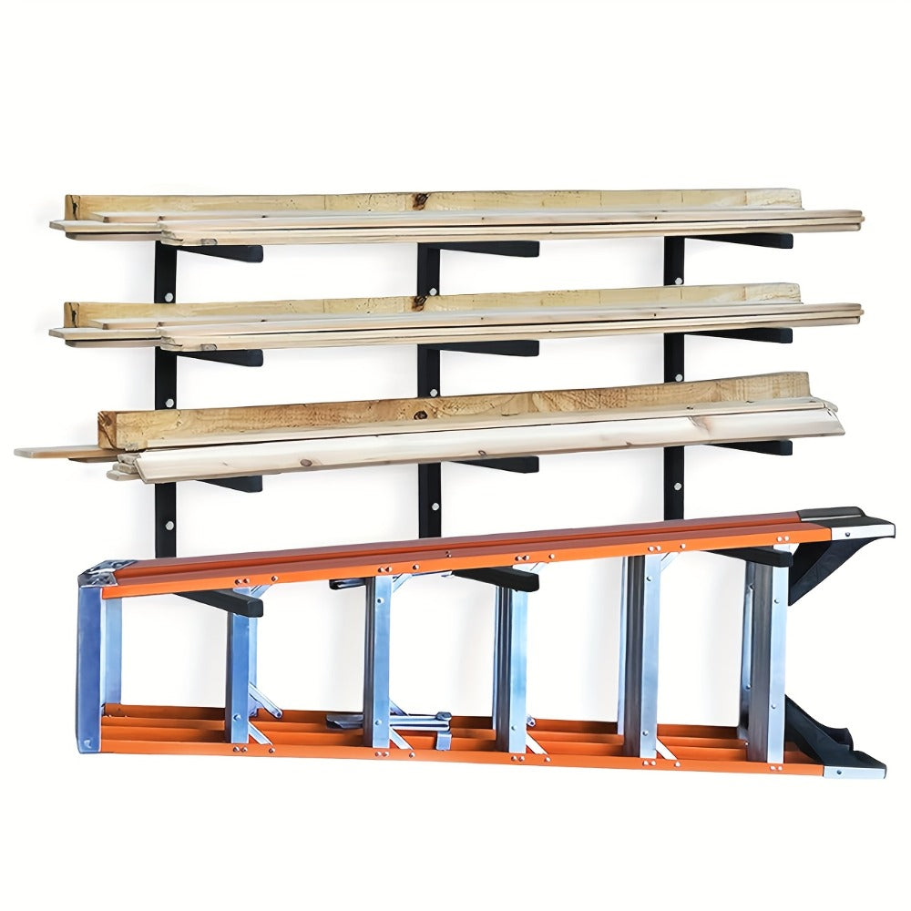 Lumber Storage Rack Wall Mount 4-Level – 800 LBS Per Level Metal Wood Organizer Rack for Garage, Shed & Workshop | Heavy Duty Wall Mounted Wood Storage Rack for Lumber, Pipes & Long Materials | Black