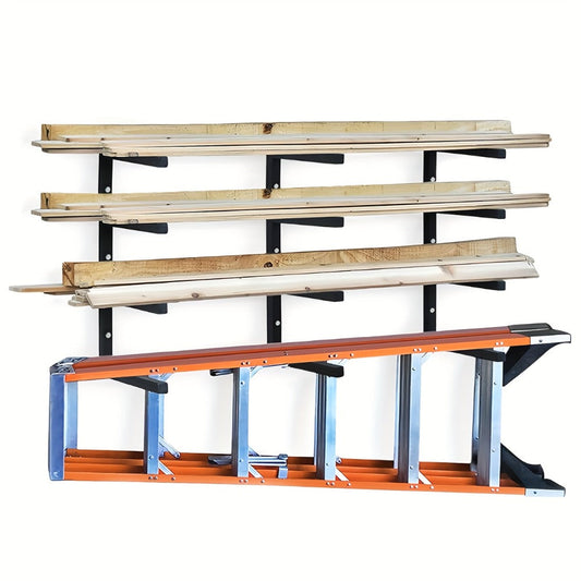 Wall-Mount Lumber Storage Rack, Black 4-Level Metal Organizer for Garages and Workshops