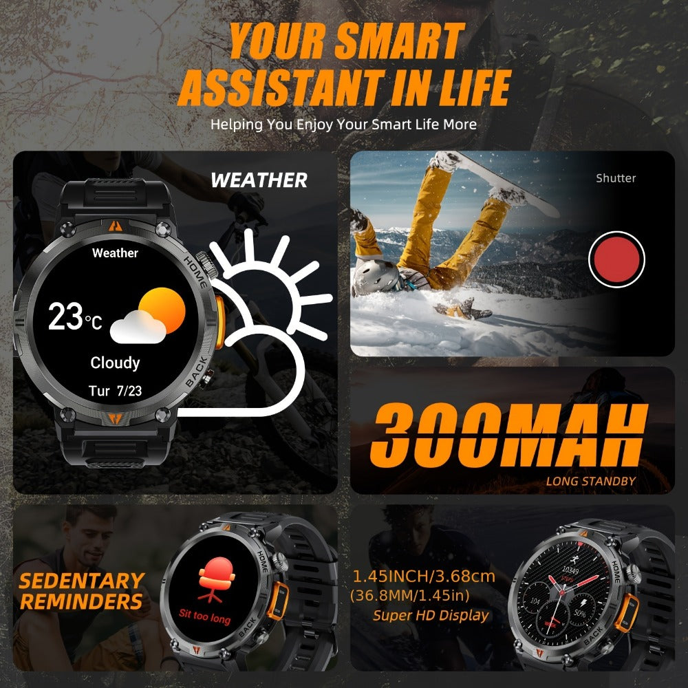 Tactical Smartwatch for Men LED Lighting 1.45 Inch 97% Screen Ratio Bluetooth 5.2 Wireless Calling Outdoor Fitness Tracker Heart Rate Blood Oxygen Sleep Pedometer iPhone Android Silicone Leather Strap Black Orange