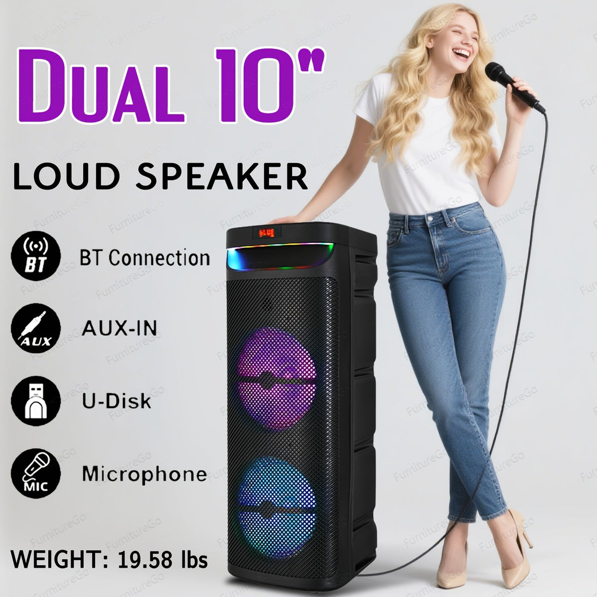 Wireless Party Speaker with Dual Subwoofers & RGB Lighting – FM Radio, USB/TF Card Playback, TWS Stereo Pairing, 20-Hour Battery, Portable Bluetooth Boombox for Outdoor & Indoor Parties