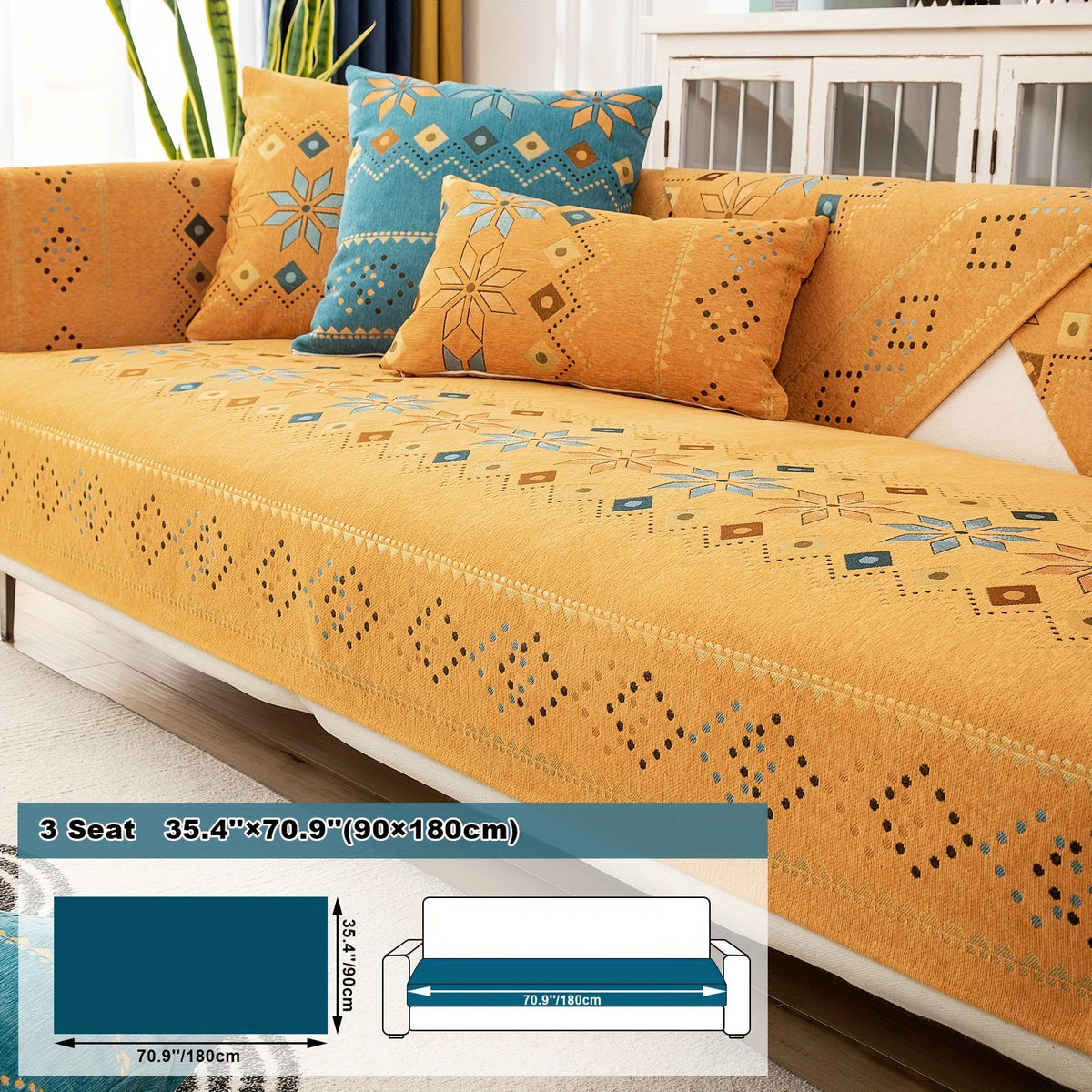 Bohemian Chenille Sofa Cover | Geometric Print Non-Slip Couch Slipcover, Thick Plush Boho Style, 1 to 4 Seat, Armrest & Backrest, Machine Washable, Sectional Sofa Protector