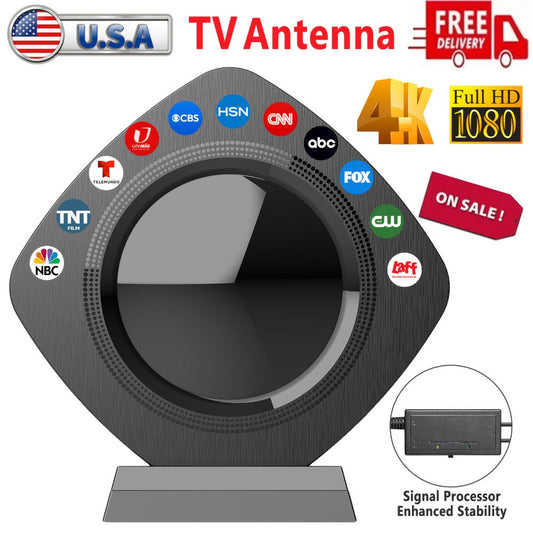 360° Omnidirectional Indoor TV Antenna 200 Mile Range – Amplified Digital HDTV, Ultra-Thin Flat Design, 4K 1080p HD, Smart TV RV Travel Compatible, Long Coaxial Cable Included