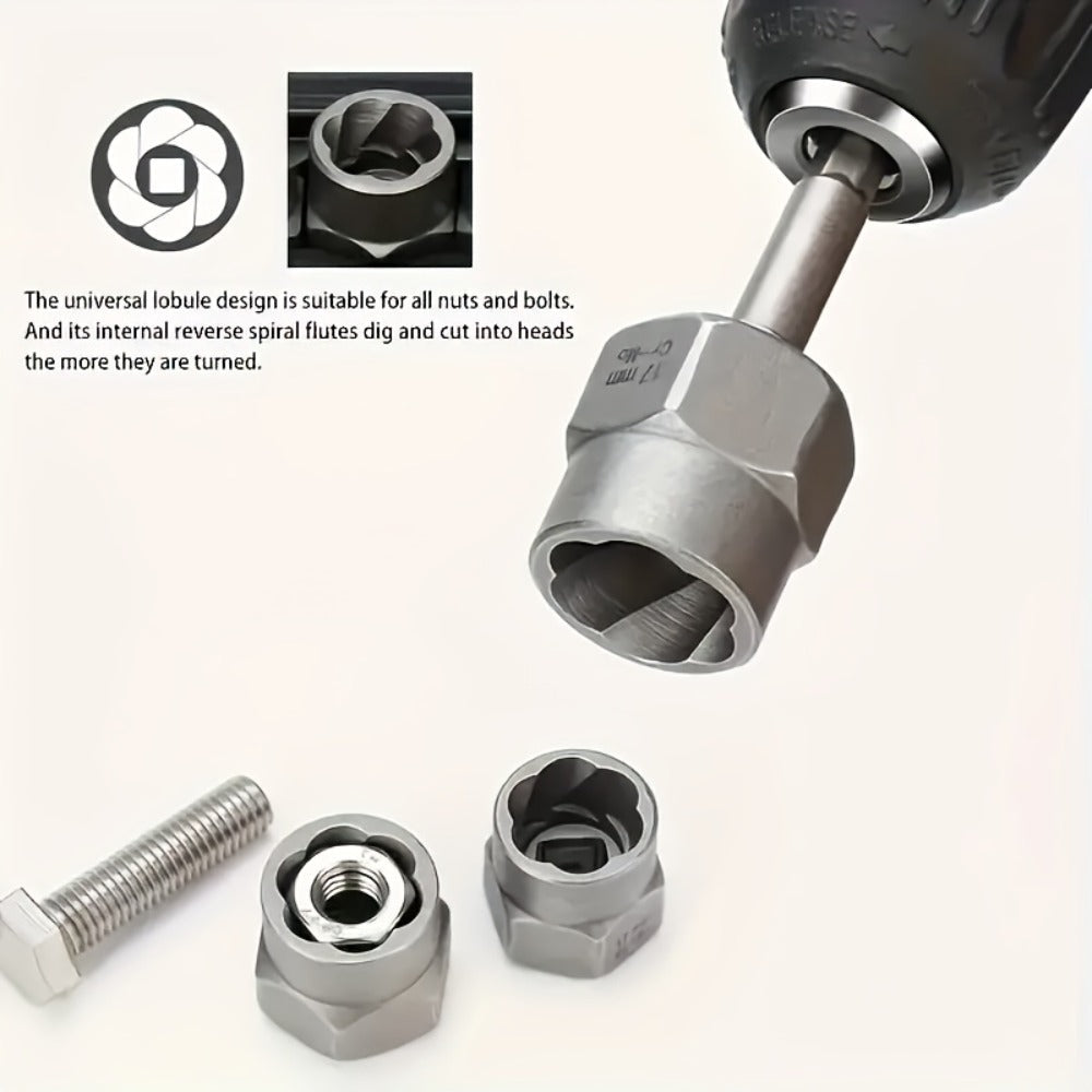 Nut Extractor Kit 14pcs, Damaged Bolt & Nut Remover Set with 13 Stripped Nut Extractors & 1 Hex Socket Adapter, 1/4" to 3/8" Drive Lug Nut Removal Tool for Construction, Auto & Home Repair