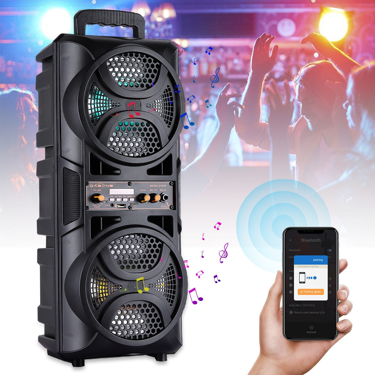 Portable PA Speaker with Dual Woofer & Disco LED Lights - Bluetooth Subwoofer, FM Radio, AUX USB Mic Guitar Input, Wired Microphone & Remote Control, 1800mAh Battery, Indoor Outdoor Party