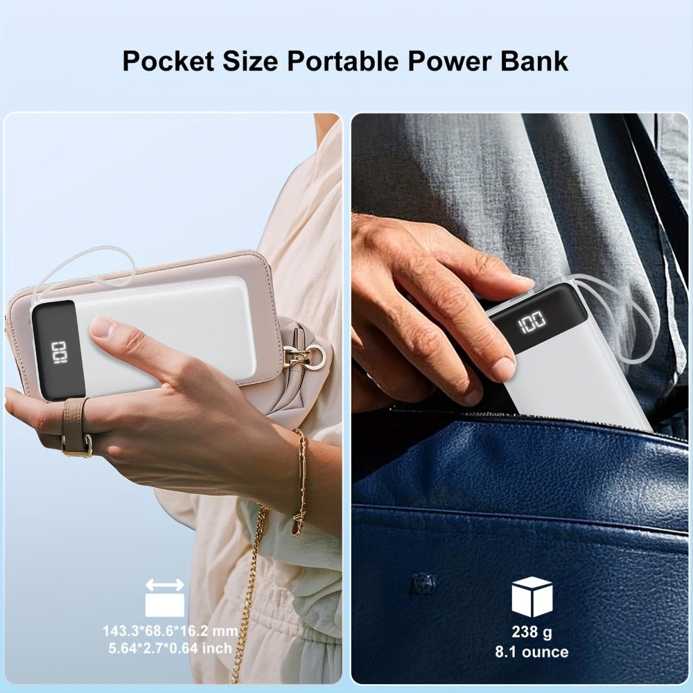 20000mAh Solar Power Bank with Built-in USB-C Cable 20W Fast Charging Portable Charger – Battery Pack for iPhone Android iPad Outdoor Travel Camping Hiking