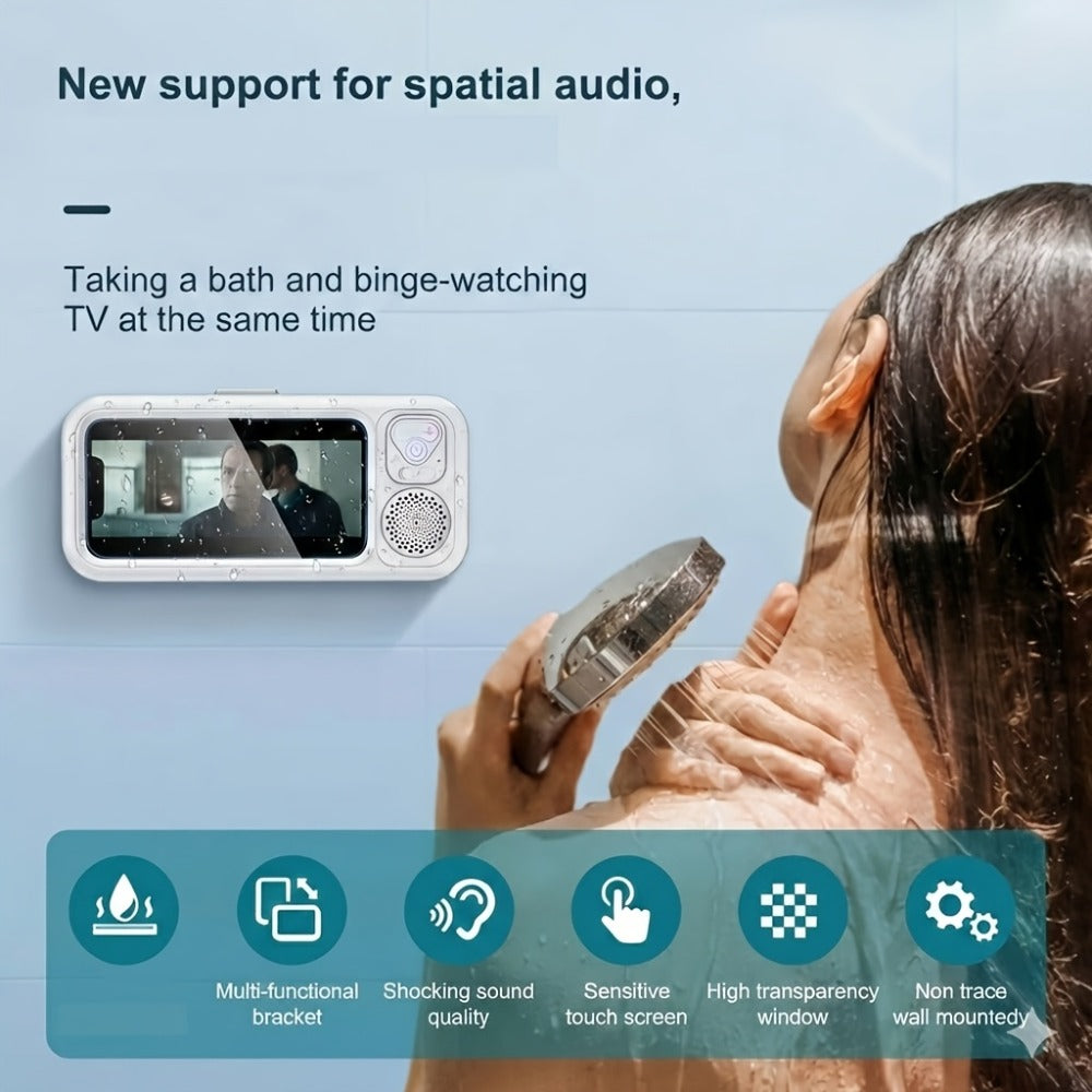 Shower Phone Holder with Bluetooth Speaker Built-In, 360-Degree Rotation Waterproof Mount, Universal Fit for All Phones, Hands-Free Music & Calls, Suction Cup Adheres to Any Surface – Bathroom Shower Caddy Accessory