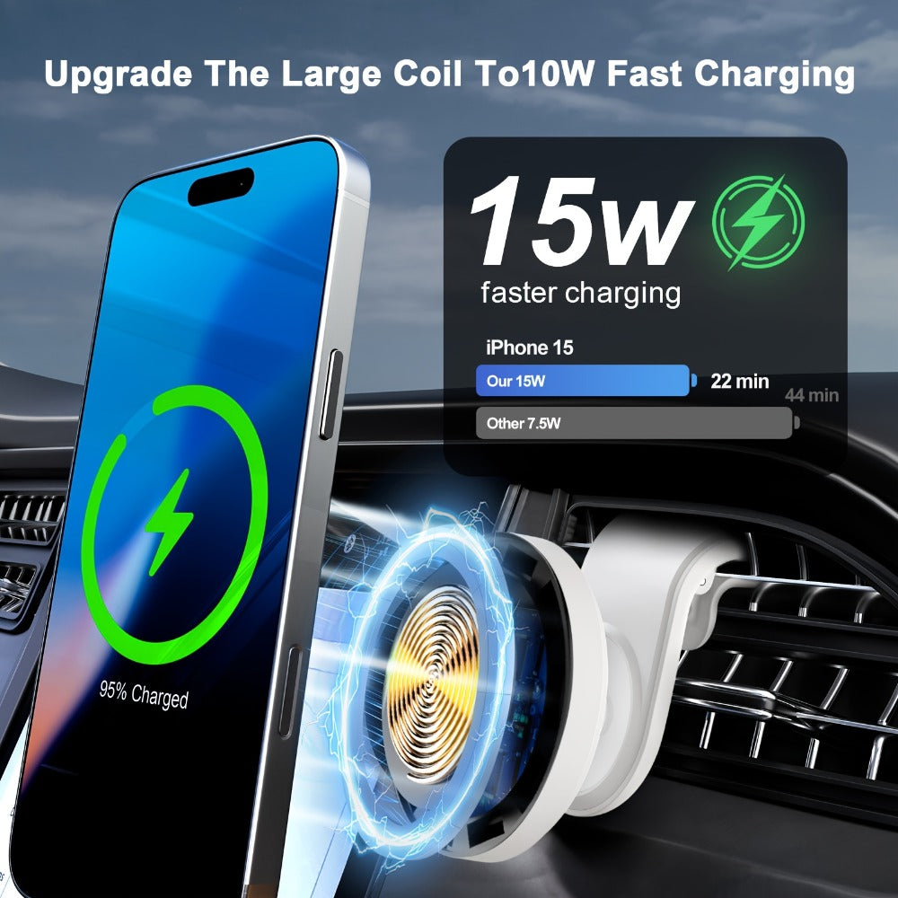 Magnetic Wireless Car Charger Mount 15W 360° Swivel Ball Joint Air Vent Holder for iPhone 17 17 Air 17 Pro Max 16 15 14 13 12 Series, Samsung Galaxy S24 S23 S22 & All Qi Devices – White