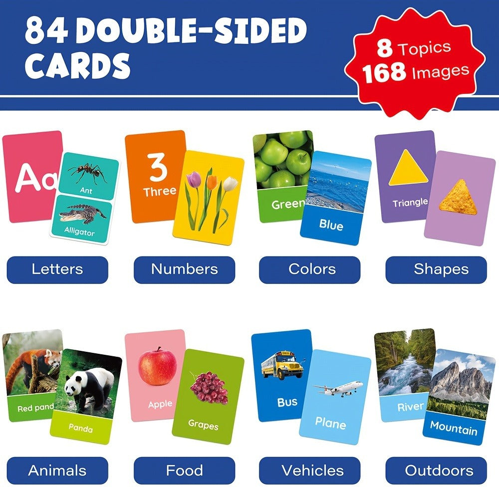 Toddler Flashcards 84 Double-Sided Cards 168 Pictures – 8 Categories ABC Letters Numbers Animals Shapes Colors Food Vehicles, Baby Learning Flash Cards for Kids Ages 1 2 3 4 Preschool Kindergarten Gift